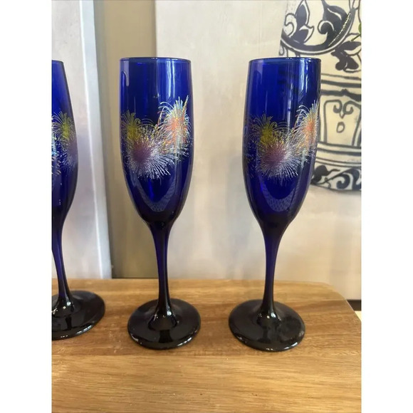 VTG-LIBBEY COBALT BLUE FIREWORKS “2000~THE NEW MILLENNIUM” CHAMPAGNE GLASSES 9” - Picture 4 of 5